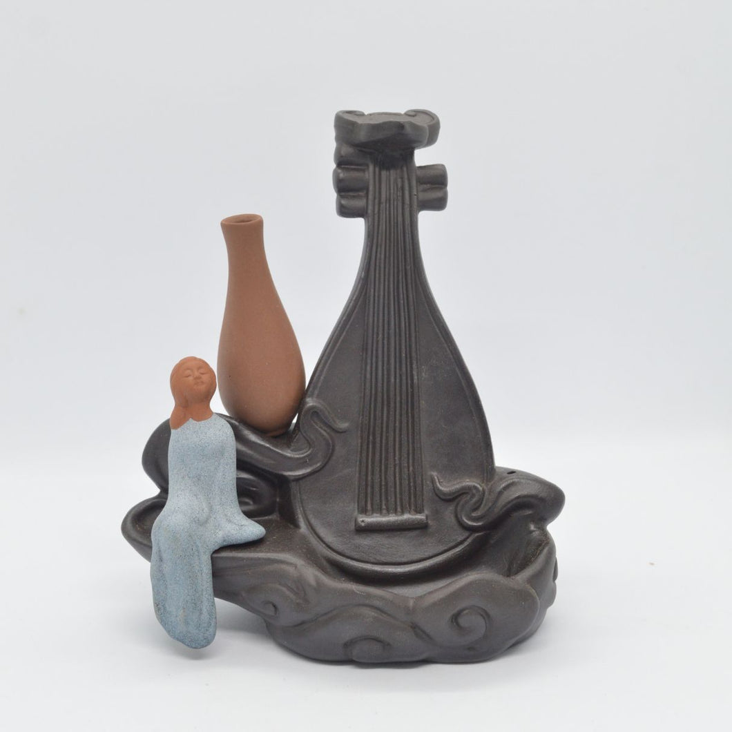 Pipa Chinese Guitar with Woman and Vase Smoke Backflow Incense Burner