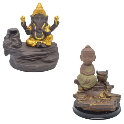 Gold Ganesha Ceramic Elephant God + Little Buddha Praying Spring Hills