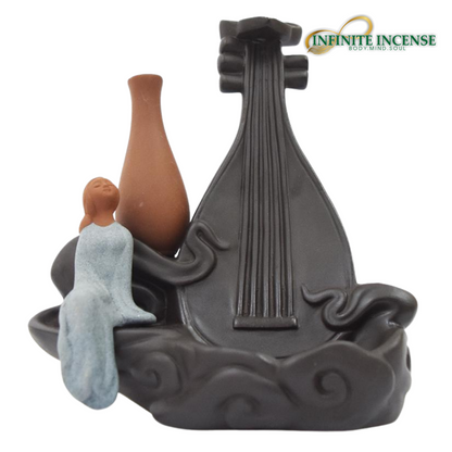 Pipa Chinese Guitar with Woman and Vase Smoke Backflow Incense Burner