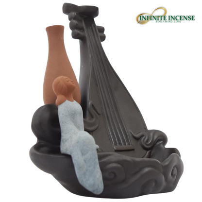 Pipa Chinese Guitar with Woman and Vase Smoke Backflow Incense Burner