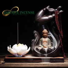 Load image into Gallery viewer, Meditating Buddha in Lotus flower backflow incense burner with free mala beads