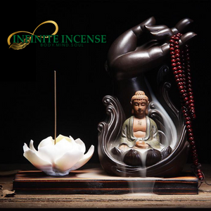 Meditating Buddha in Lotus flower backflow incense burner with free mala beads